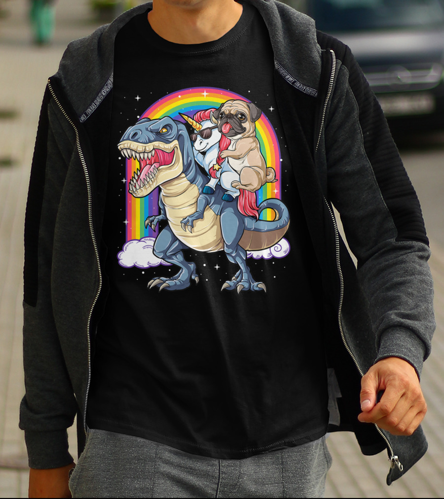 Pug Unicorn Riding Dinosaur With Rainbow Kids Girls Women T-Shirt