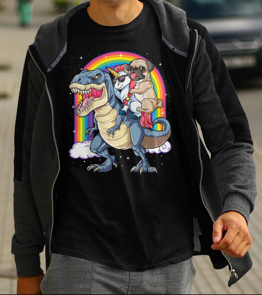 Pug Riding Unicorn Riding Dinosaur Under Rainbow T-Shirt