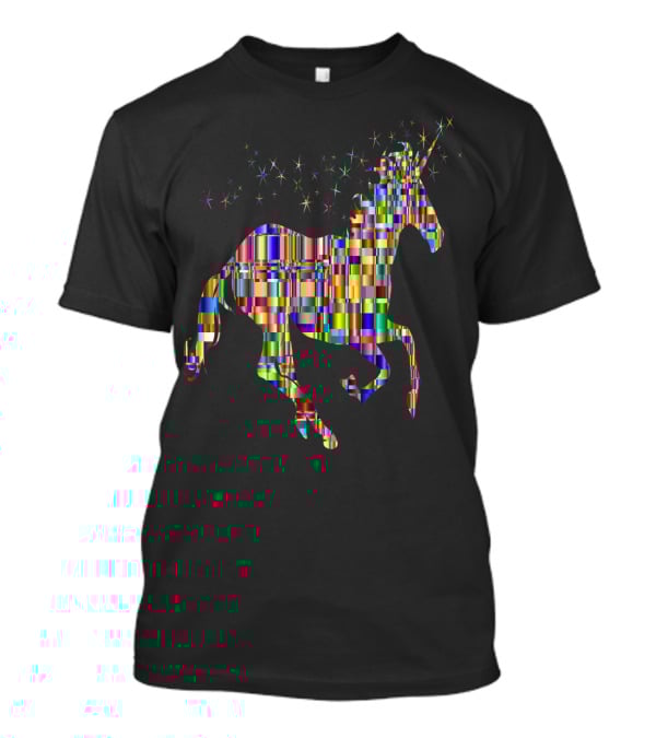 Riding Unicorn Rawr Sparkling Rainbow Stripes T-Shirt