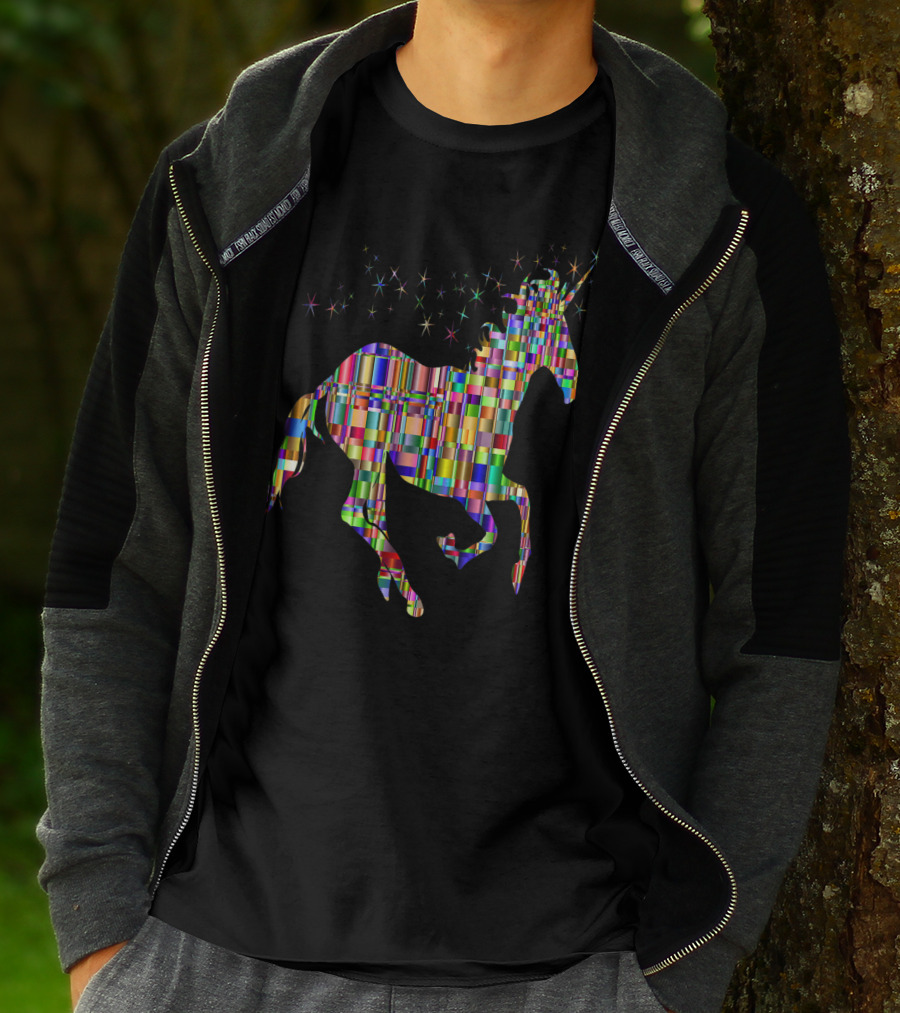 Riding Unicorn Rawr Sparkling Rainbow Stripes T-Shirt