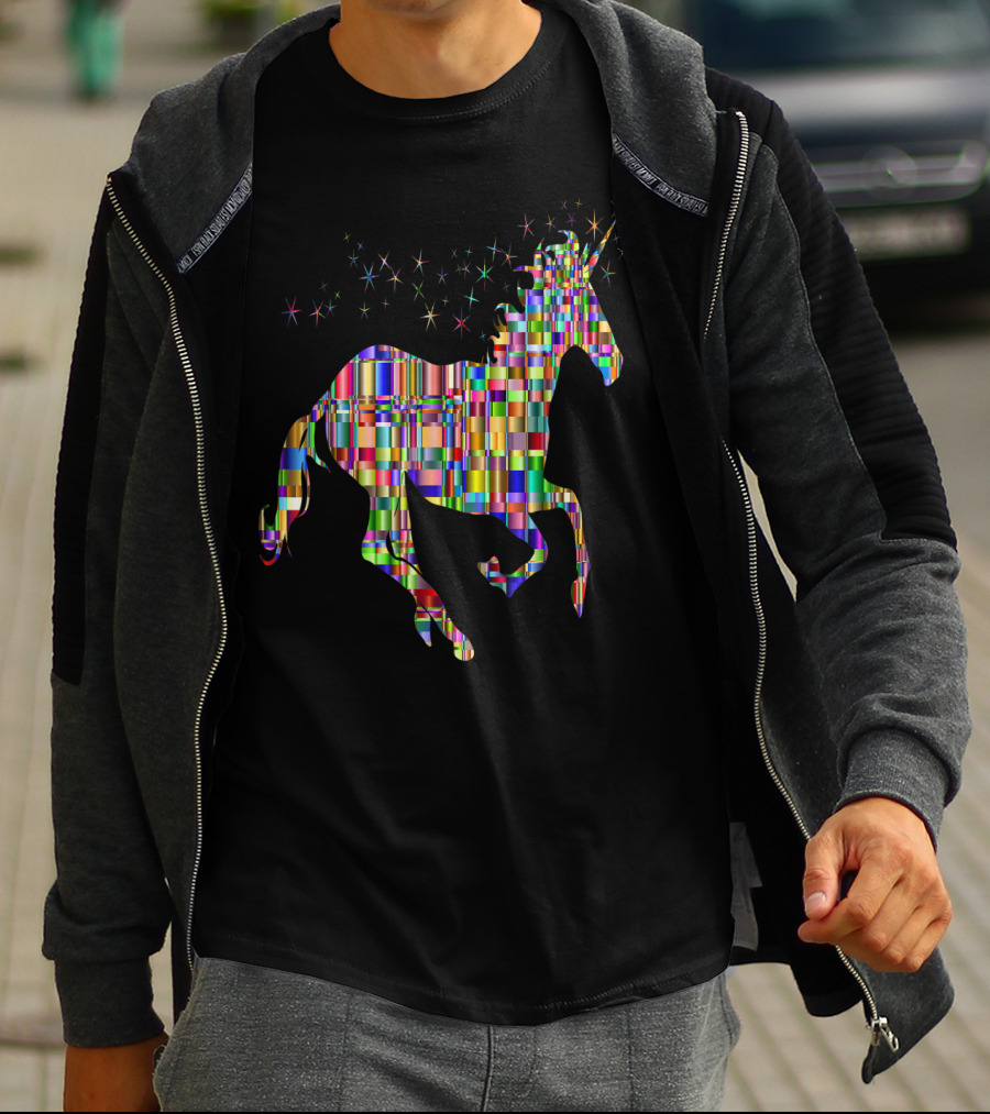 Riding Unicorn Rawr Sparkling Rainbow Stripes T-Shirt