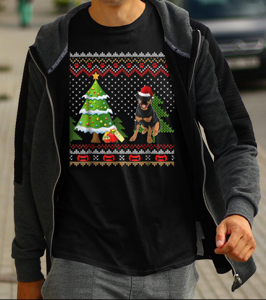 Rottweiler Santa Christmas Ugly Dog Sweater Tree And Gifts T-Shirt