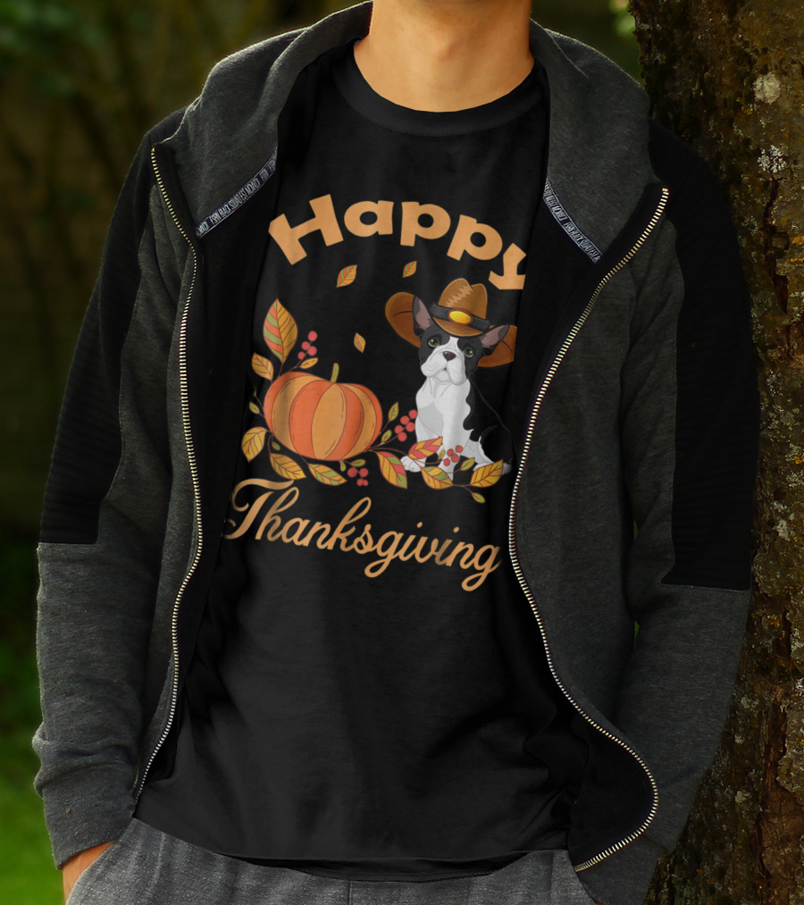 Happy Thanksgiving French Bulldogs Pilgrim Pumpkin Leaves T-Shirt