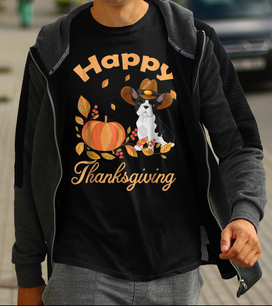 Happy Thanksgiving French Bulldogs Pilgrim Pumpkin Leaves T-Shirt