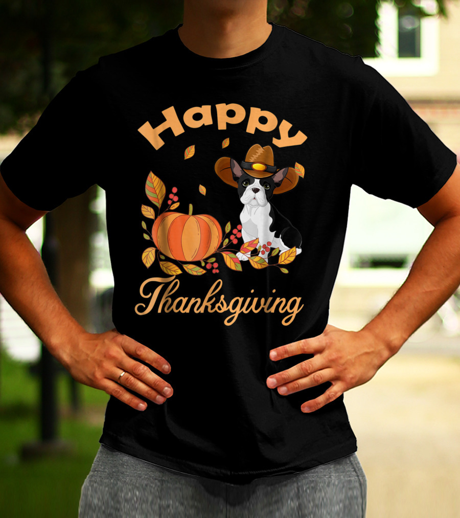 Happy Thanksgiving French Bulldogs Pilgrim Pumpkin Leaves T-Shirt