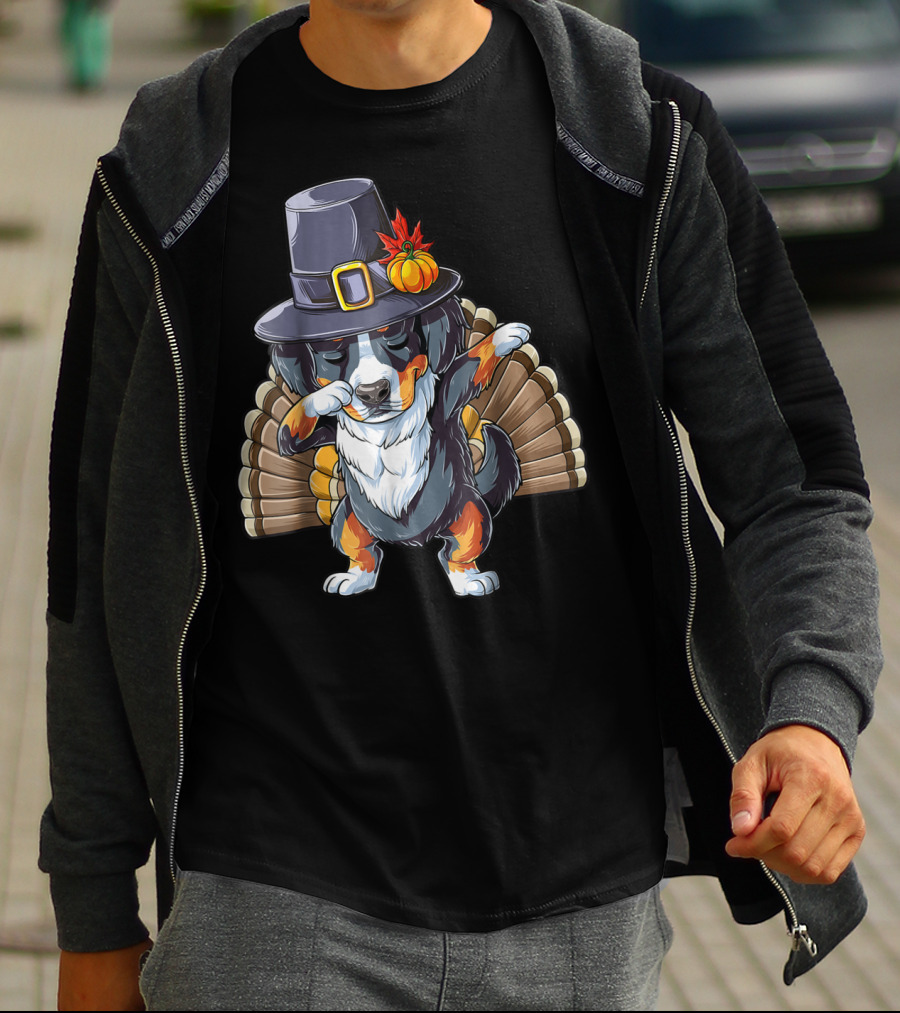 Thanksgiving Dabbing Pilgrim Bernese Mountain Dog Turkey T-Shirt