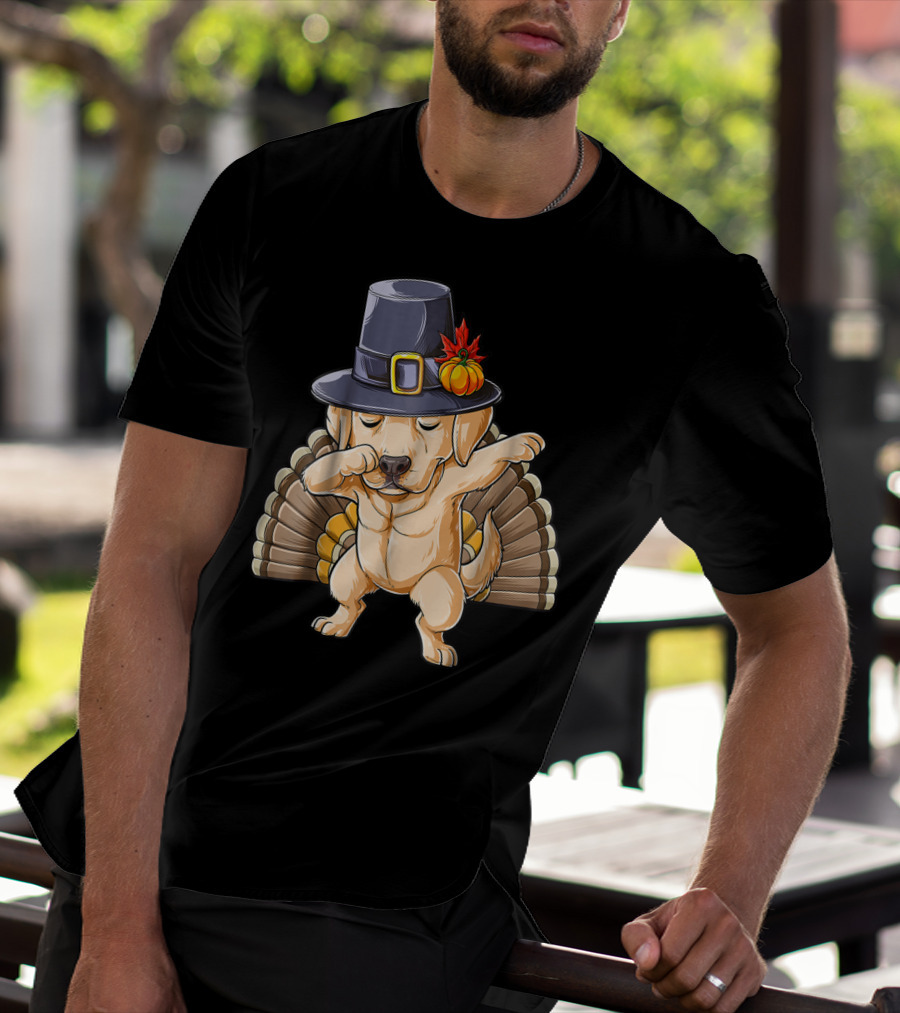 Thanksgiving Labrador Dabbing In Pilgrim Hat With Turkey Feathers T-Shirt