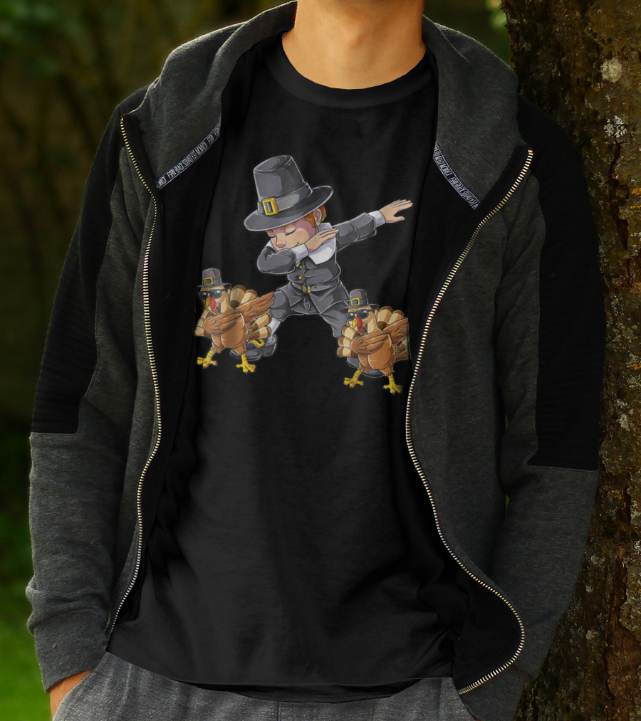 Thanksgiving Dabbing Pilgrim With Turkeys Kids UL T-Shirt