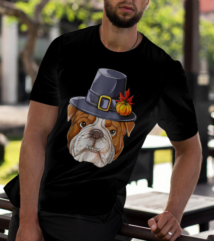 Thanksgiving Kids English Bulldog Pilgrim Hat Pumpkin Maple Leaf T-Shirt