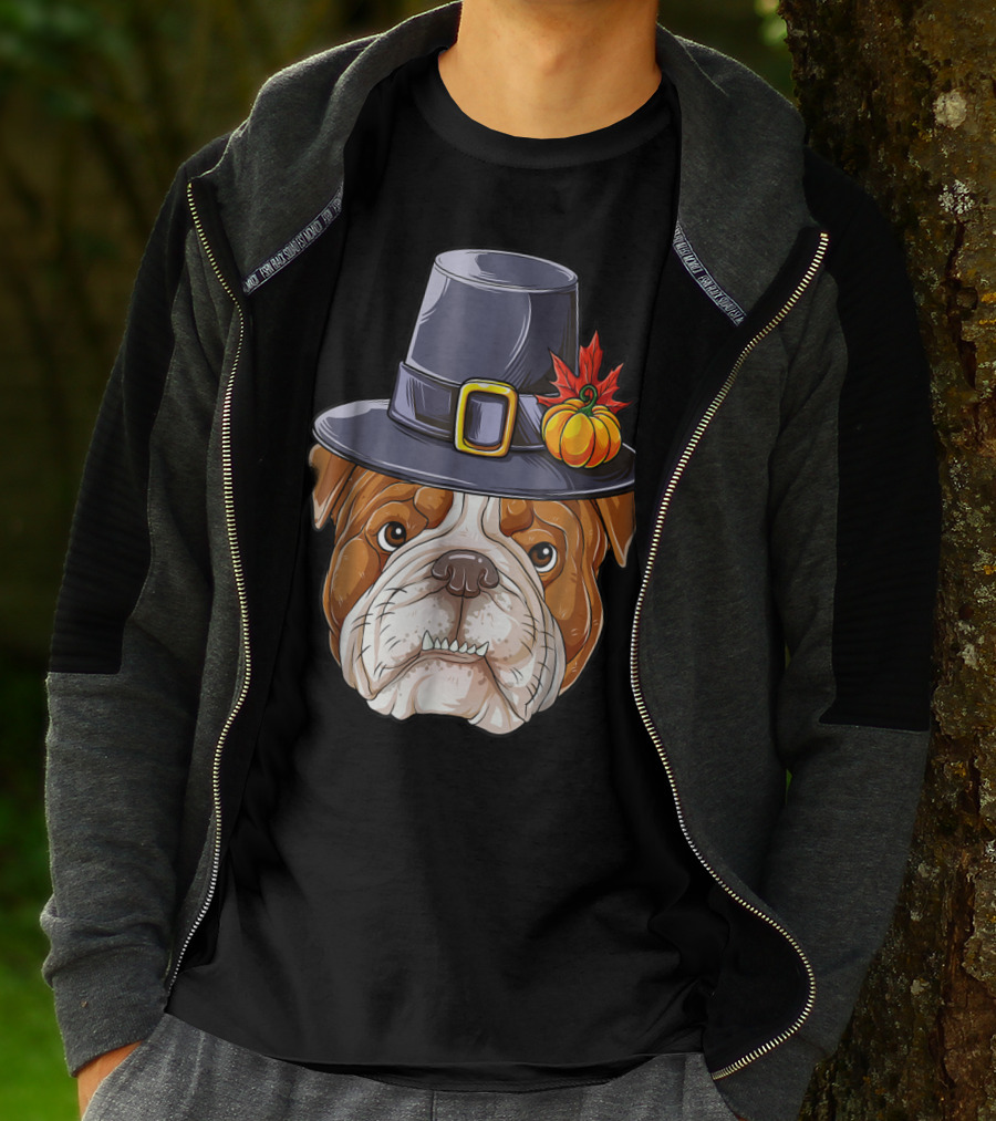 Thanksgiving Kids English Bulldog Pilgrim Hat Pumpkin Maple Leaf T-Shirt