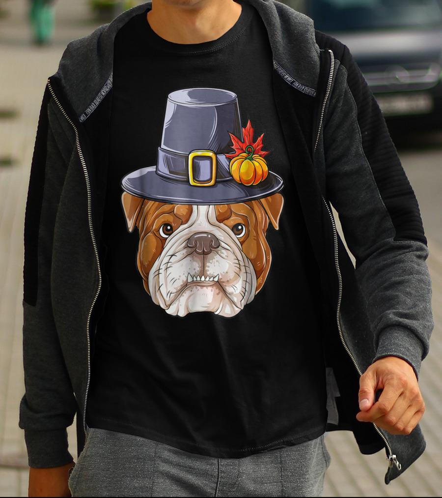 Thanksgiving Kids English Bulldog Pilgrim Hat Pumpkin Maple Leaf T-Shirt