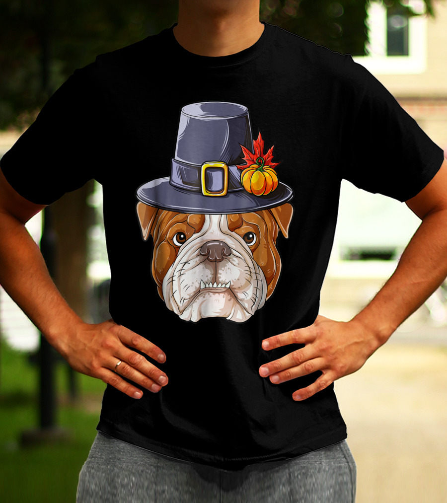 Thanksgiving Kids English Bulldog Pilgrim Hat Pumpkin Maple Leaf T-Shirt