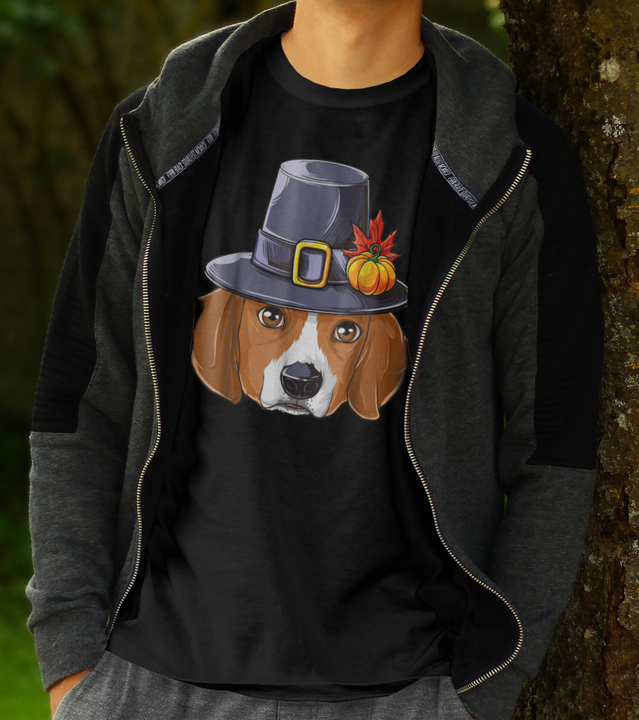 Thanksgiving Beagle Pilgrim Hat Pumpkin Leaf T-Shirt