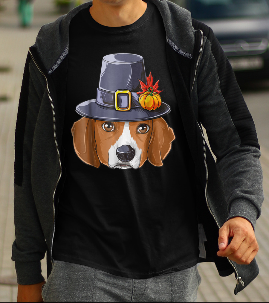 Thanksgiving Beagle Pilgrim Hat Pumpkin Leaf T-Shirt