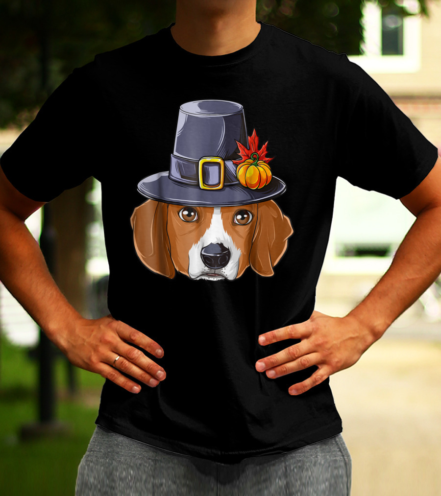 Thanksgiving Beagle Pilgrim Hat Pumpkin Leaf T-Shirt