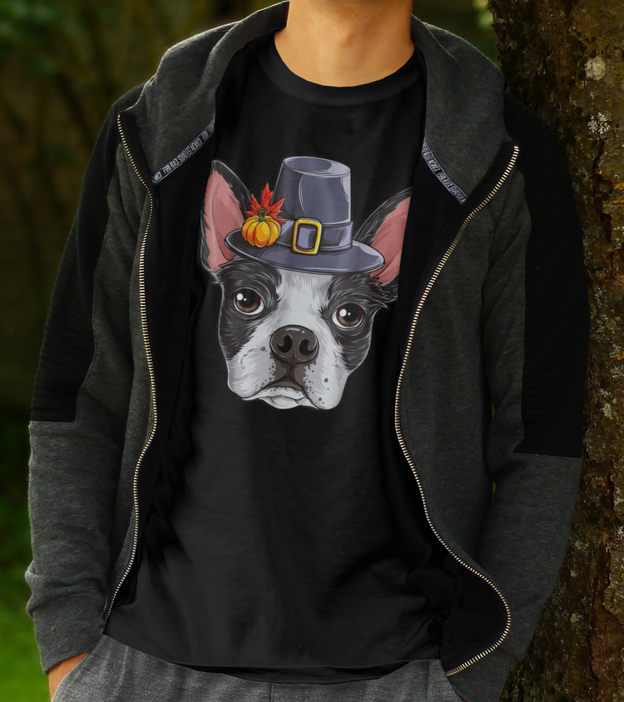 Thanksgiving Boston Terrier Pilgrim Hat Pumpkin T-Shirt