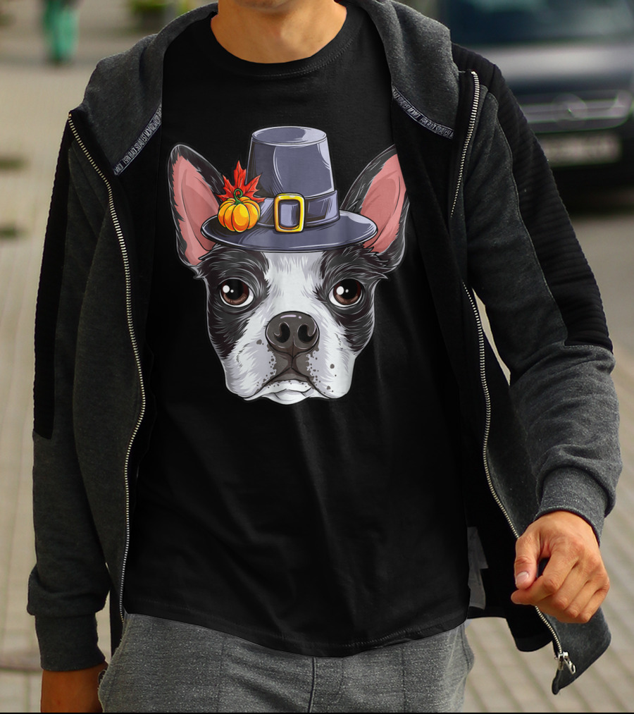 Thanksgiving Boston Terrier Pilgrim Hat Pumpkin T-Shirt