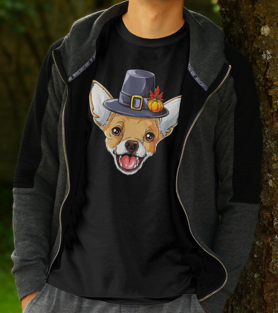 Pilgrim Hat Chihuahua With Thanksgiving Pumpkin And Leaf T-Shirt