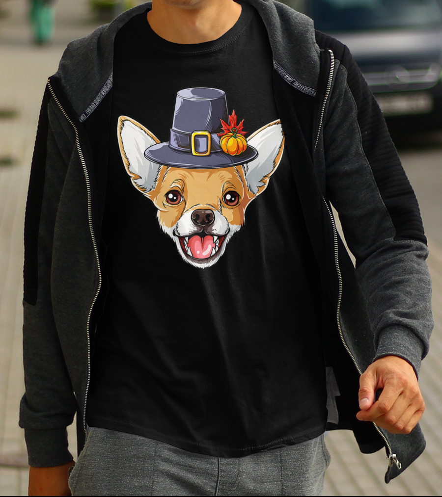 Pilgrim Hat Chihuahua With Thanksgiving Pumpkin And Leaf T-Shirt