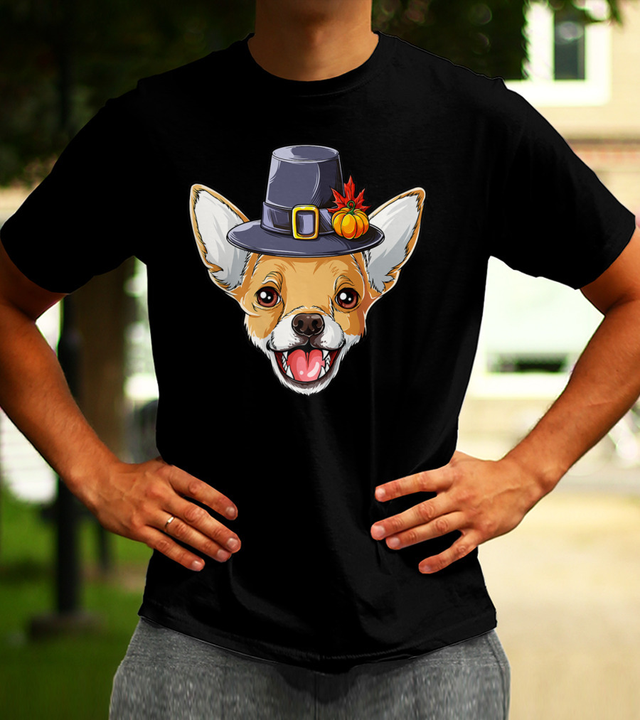 Pilgrim Hat Chihuahua With Thanksgiving Pumpkin And Leaf T-Shirt