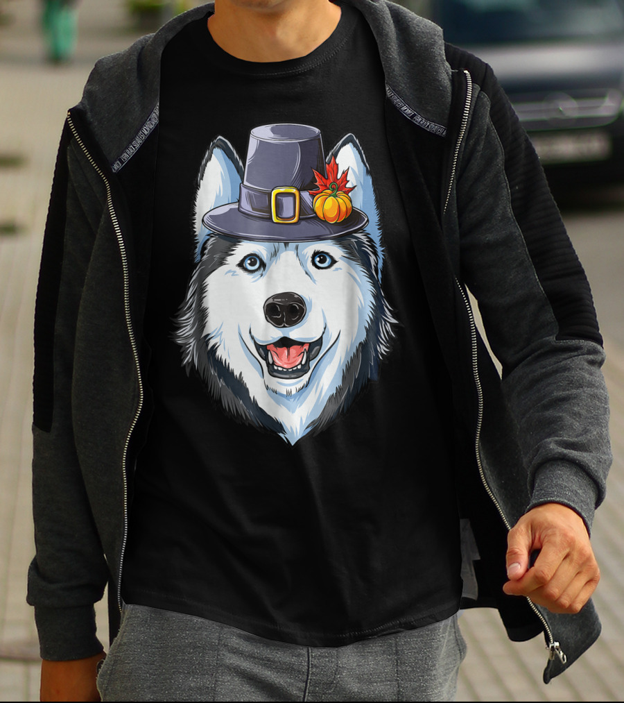 Thanksgiving Pilgrim Hat Siberian Husky With Pumpkin And Maple Leaf T-Shirt
