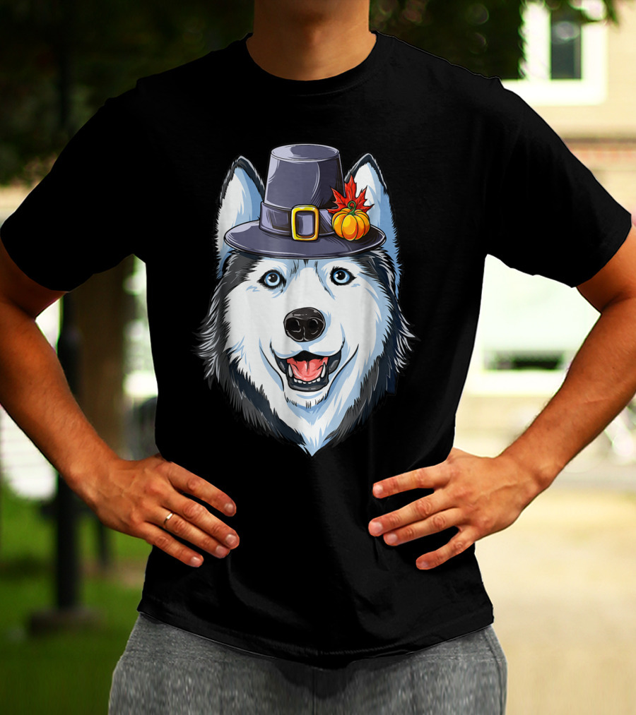 Thanksgiving Pilgrim Hat Siberian Husky With Pumpkin And Maple Leaf T-Shirt