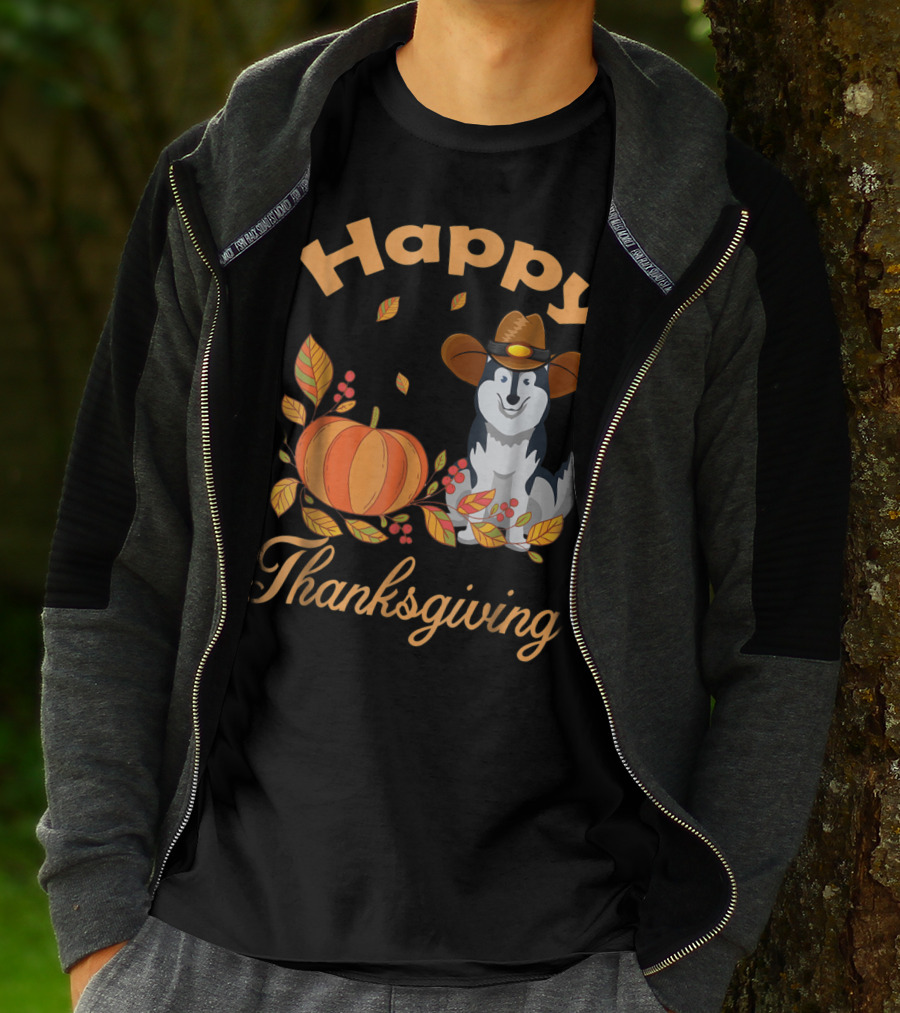 Happy Thanksgiving Siberian Husky With Pumpkin And Fall Leaves T-Shirt