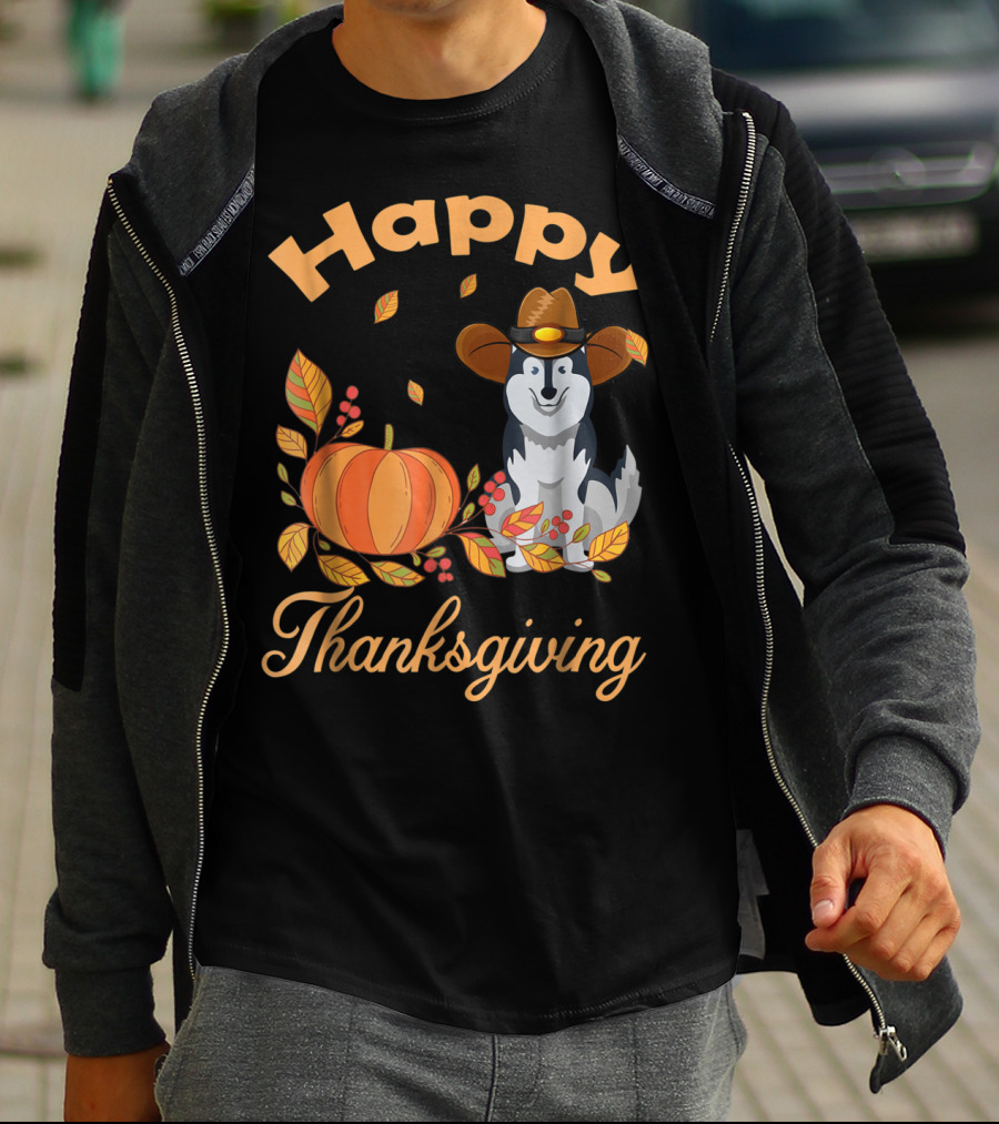 Happy Thanksgiving Siberian Husky With Pumpkin And Fall Leaves T-Shirt