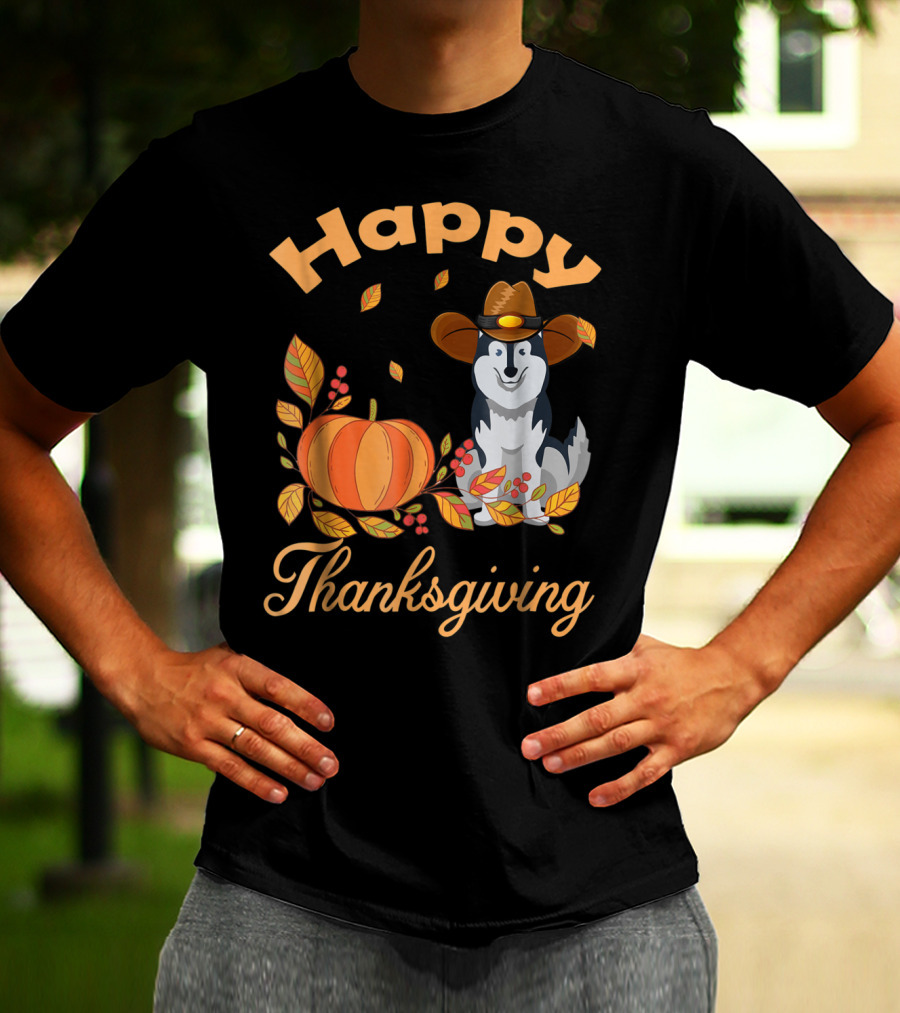 Happy Thanksgiving Siberian Husky With Pumpkin And Fall Leaves T-Shirt