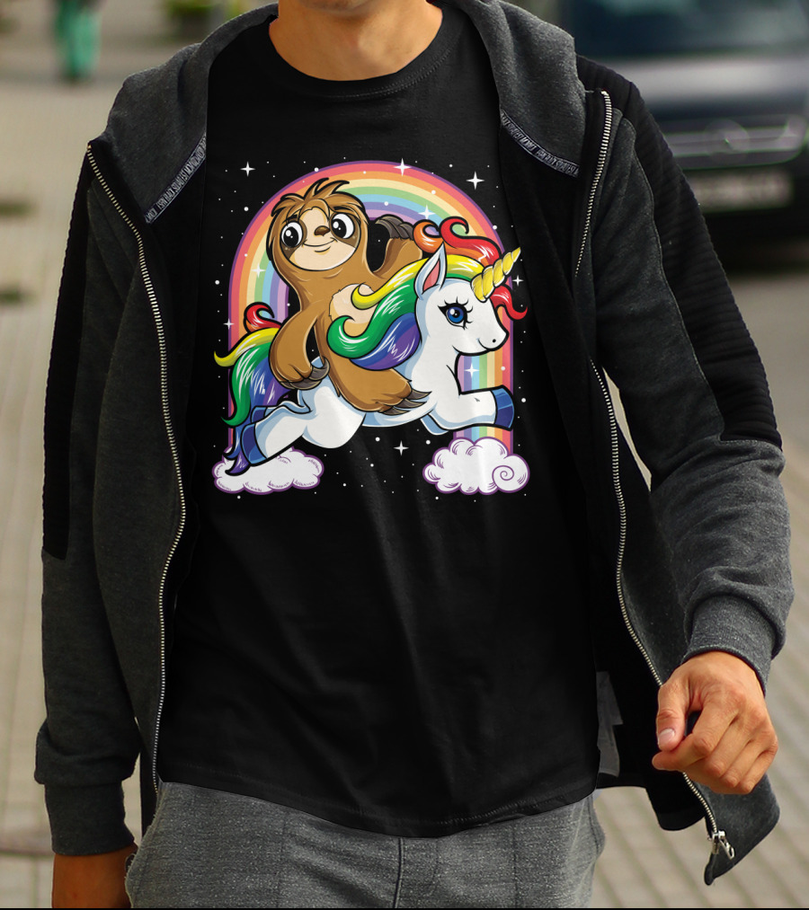 Sloth Riding Unicorn Rainbow Slothicorn Women Kids Fun T-Shirt