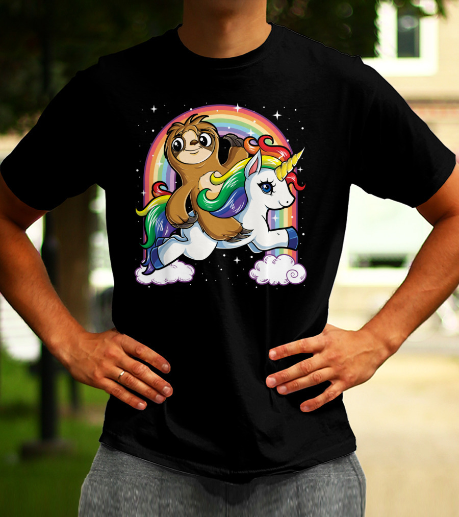 Sloth Riding Unicorn Rainbow Slothicorn Women Kids Fun T-Shirt