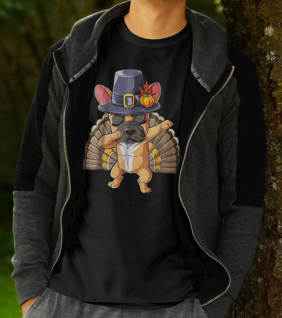 Thanksgiving Dabbing French Bulldog Pilgrim Hat Turkey Tail T-Shirt