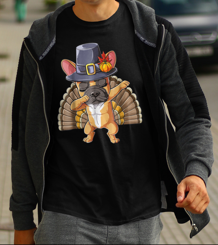 Thanksgiving Dabbing French Bulldog Pilgrim Hat Turkey Tail T-Shirt