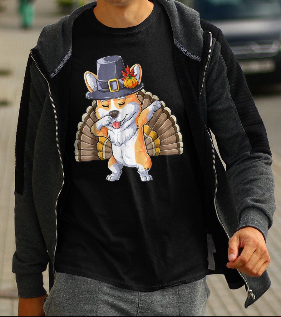 Thanksgiving Pilgrim Corgi Dabbing With Turkey Feathers T-Shirt