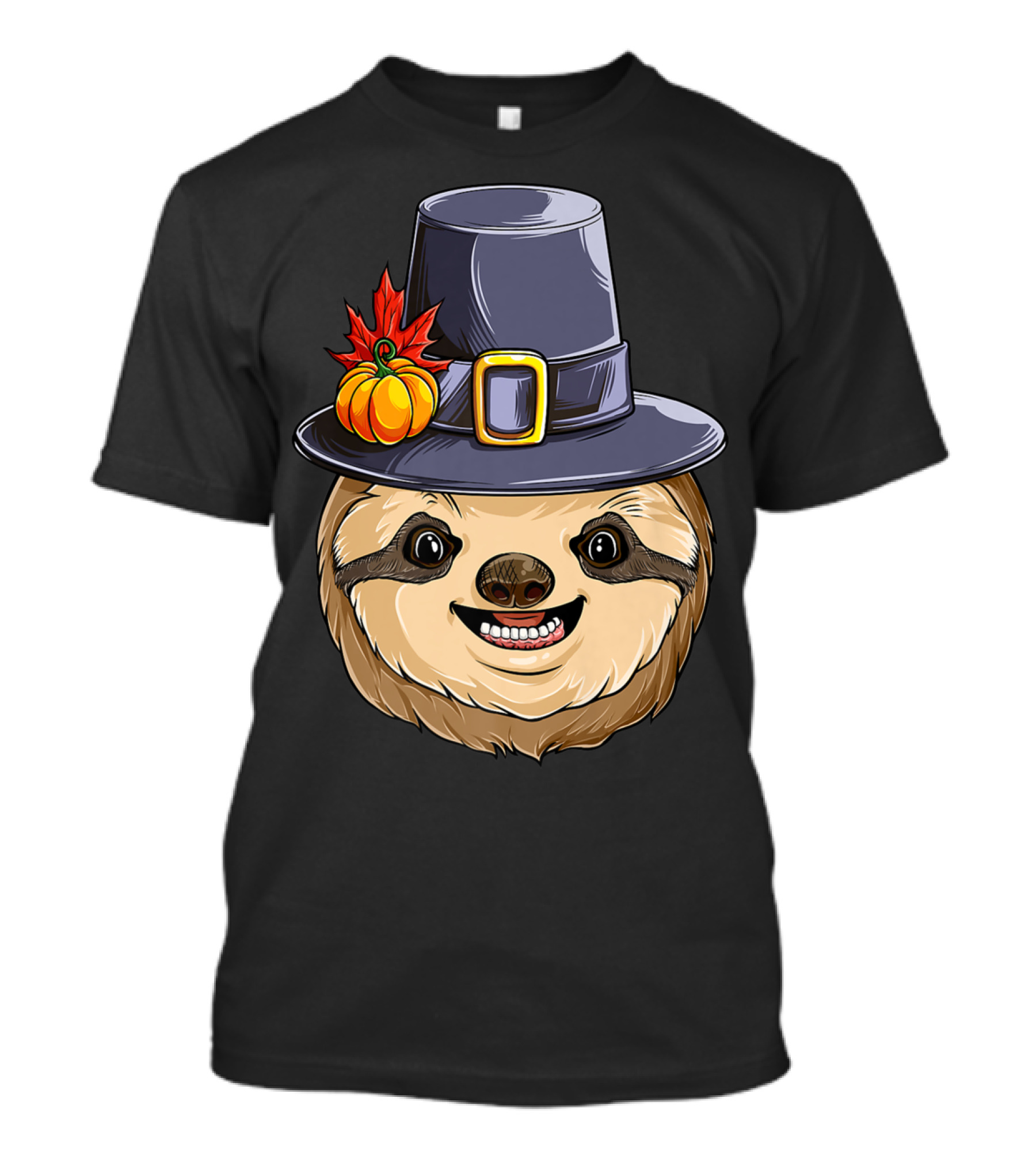 Thanksgiving Sloth With Pilgrim Hat Pumpkin And Autumn Leaves T-Shirt