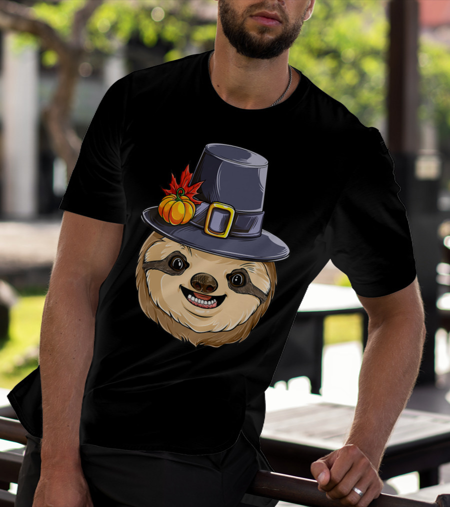 Thanksgiving Sloth With Pilgrim Hat Pumpkin And Autumn Leaves T-Shirt