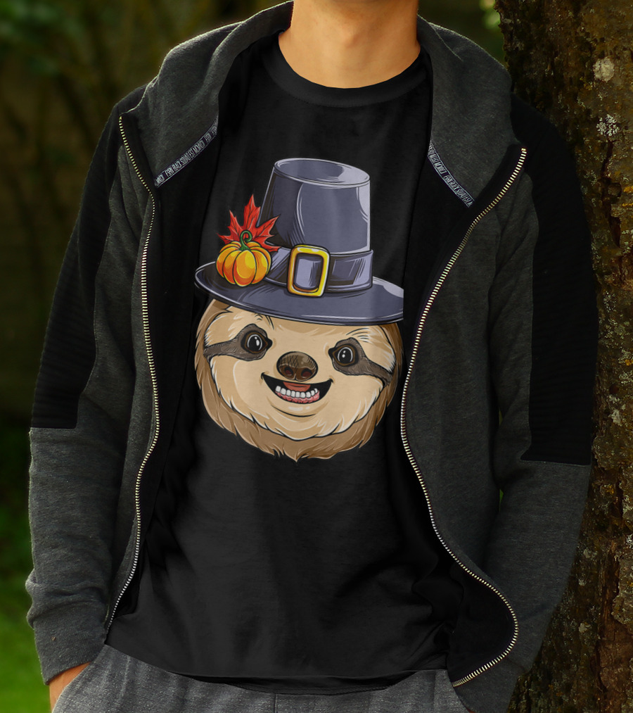 Thanksgiving Sloth With Pilgrim Hat Pumpkin And Autumn Leaves T-Shirt