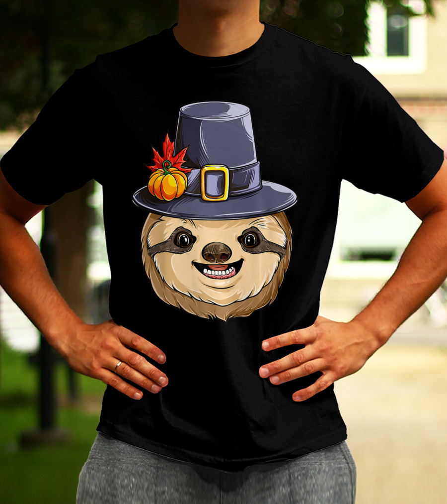 Thanksgiving Sloth With Pilgrim Hat Pumpkin And Autumn Leaves T-Shirt