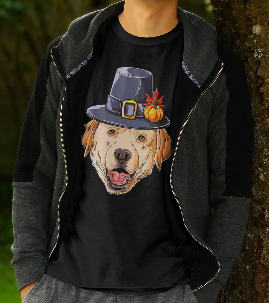 Thanksgiving Dog In Pilgrim Hat With Pumpkin And Leaf T-Shirt