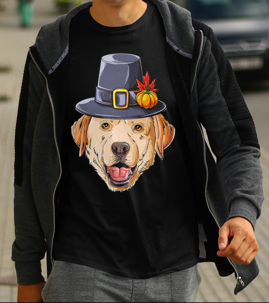Thanksgiving Dog In Pilgrim Hat With Pumpkin And Leaf T-Shirt