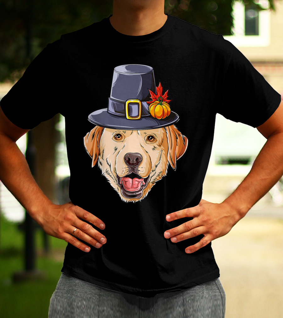 Thanksgiving Dog In Pilgrim Hat With Pumpkin And Leaf T-Shirt