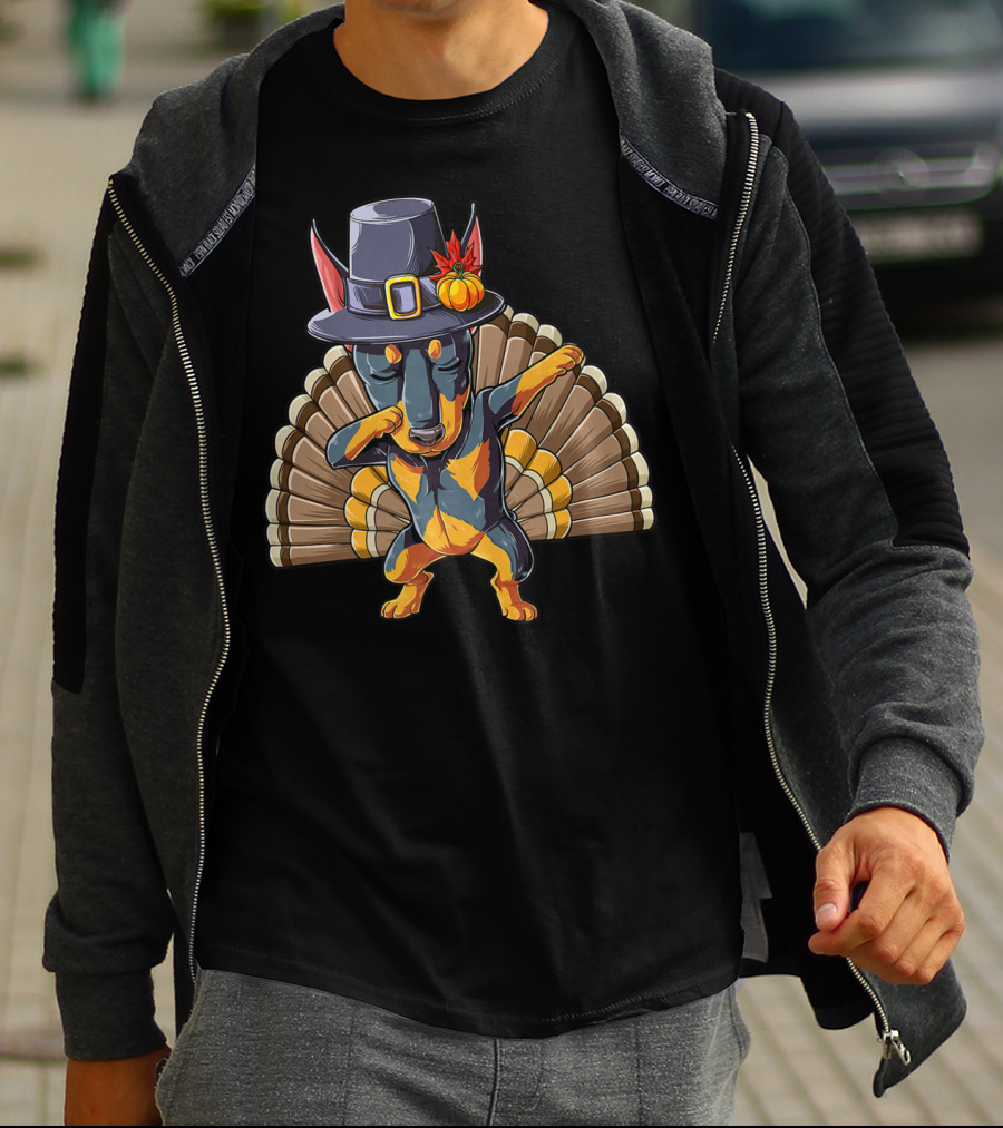 Thanksgiving Dabbing Doberman Pilgrim Hat Turkey Feather Background T-Shirt