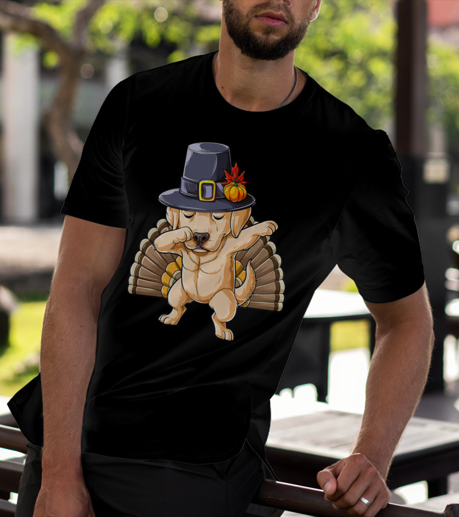 Thanksgiving Dabbing Labrador Wearing Pilgrim Hat With Turkey Tail T-Shirt