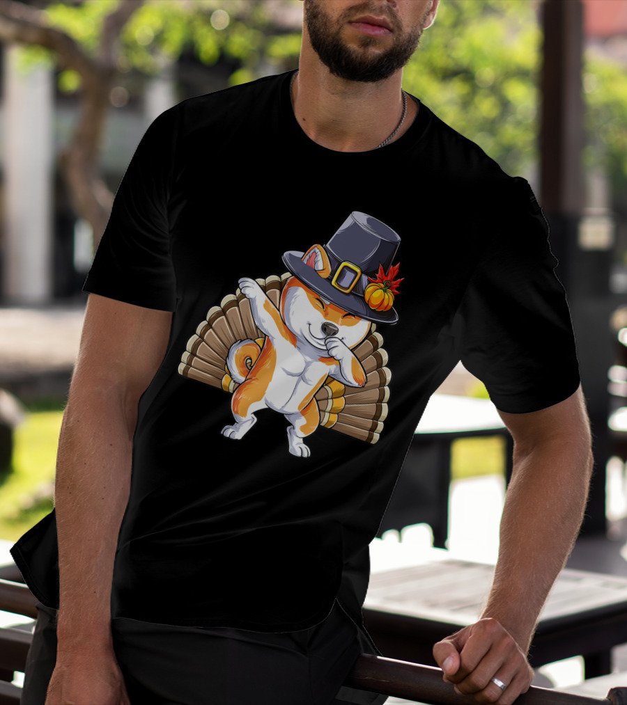 Thanksgiving Dabbing Shiba Inu Pilgrim Hat Turkey Background T-Shirt