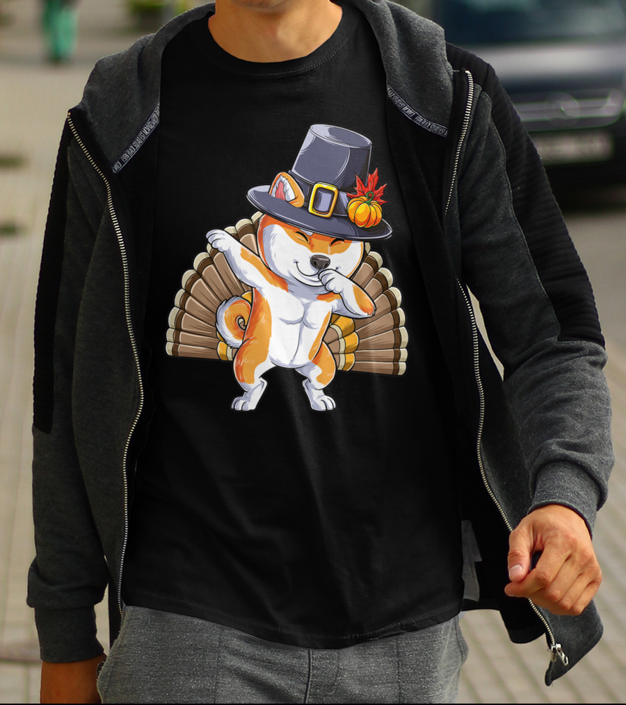 Thanksgiving Dabbing Shiba Inu Pilgrim Hat Turkey Background T-Shirt