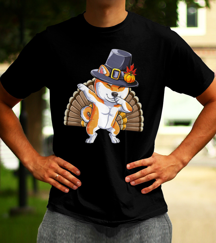 Thanksgiving Dabbing Shiba Inu Pilgrim Hat Turkey Background T-Shirt