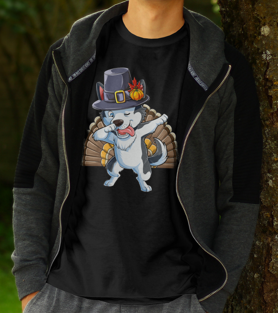 Thanksgiving Kids Dabbing Siberian Husky With Pilgrim Hat And Turkey Tail T-Shirt