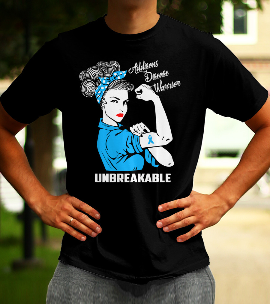 Addisons Disease Warrior Unbreakable Awareness Woman With Ribbon T-Shirt