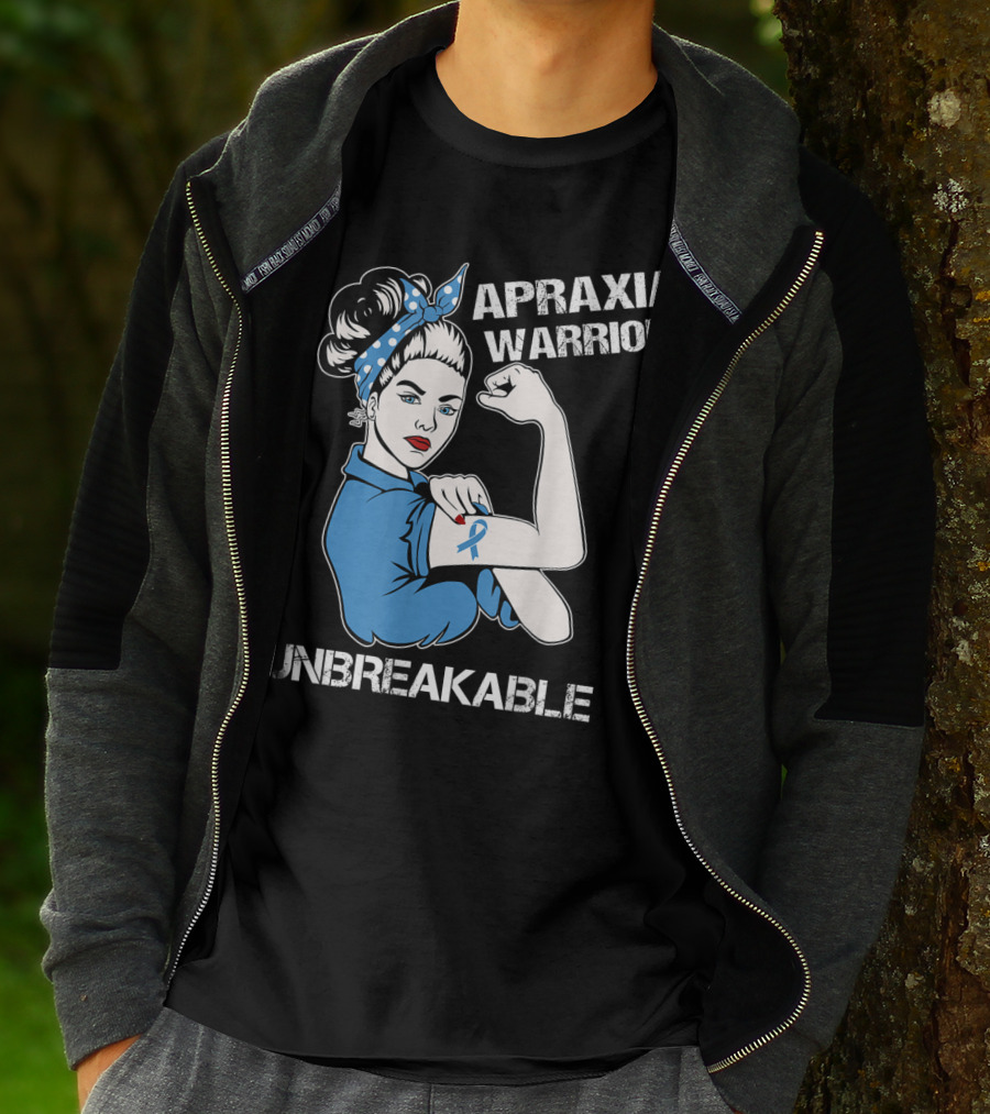 Apraxia Warrior Unbreakable Rosie Riveter Blue Awareness T-Shirt