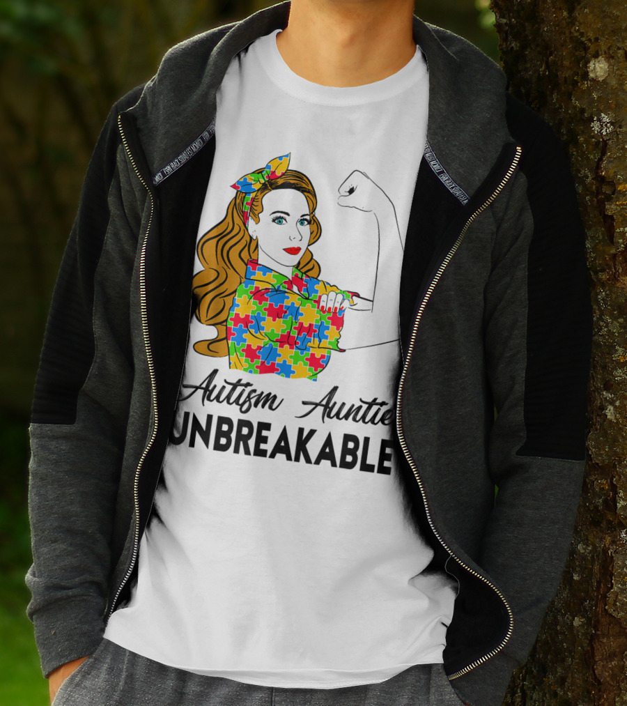 Unbreakable Auntie Autism Awareness Puzzle Colors Rosie The Riveter T-Shirt